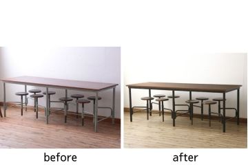 格納スツール8脚付きテーブルをリペア&カスタム!金属部をマットブラックペイントし、クラッキング塗装。(8人用ダイニングテーブル、作業台、ワークスペース)