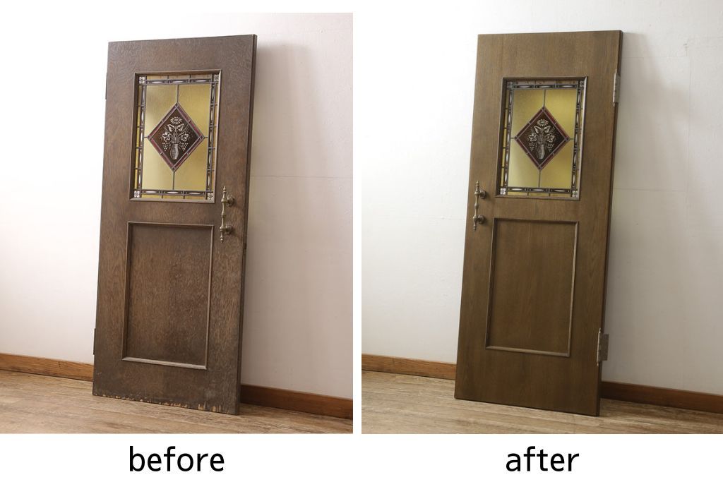 木製ドアをリペア&カスタム!高さをリサイズし、ローラー締まりを新しい物に交換。新材にて補修・加工した箇所は出来る限り本体の色味に合わせて着色。(扉、建具、ヴィンテージ)