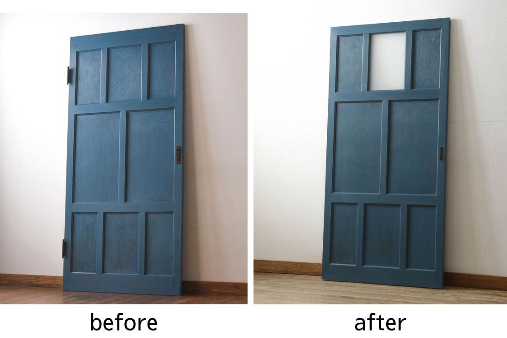 ドアをリペア&カスタム!高さと幅をリサイズし、引き戸仕様へ。上段中央の1マスにすりガラスをはめ込み、葵戸引手・戸車を取り付け。(扉、建具)