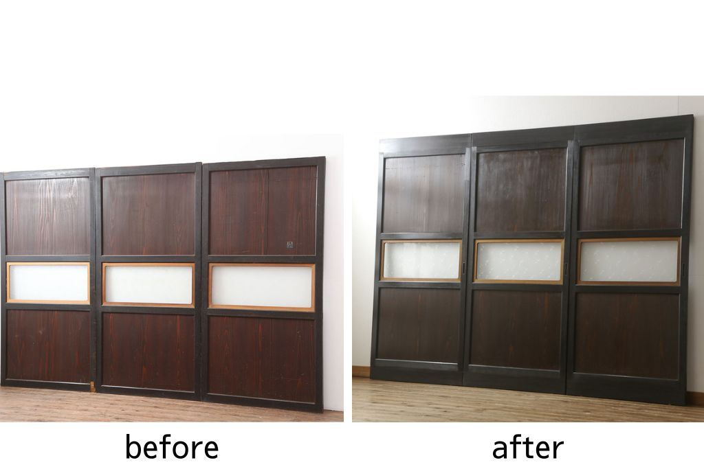 ガラス帯戸3枚をリペア&カスタム!高さをサイズし、調整式のV型戸車を取り付け。本体は現状の色味を活かして仕上げ。(建具、引き戸)