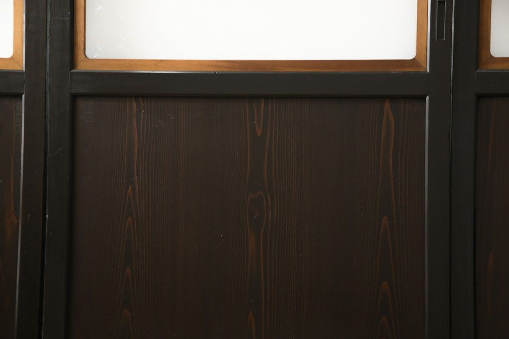 ガラス帯戸3枚をリペア&カスタム!高さをサイズし、調整式のV型戸車を取り付け。本体は現状の色味を活かして仕上げ。(建具、引き戸)