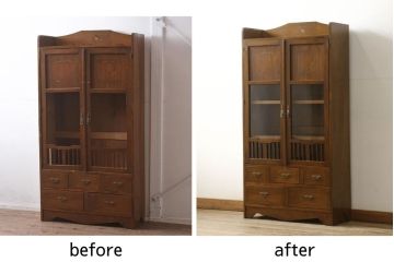 ブックケースをリペア&カスタム!欠損部分のガラスを交換し、棚受けと棚板2枚新規製作。修繕箇所・内部は本体と馴染ませて、現状のお品物に合わせて1トーン程落ち着いた色に着色。(本箱、戸棚、キャビネット)