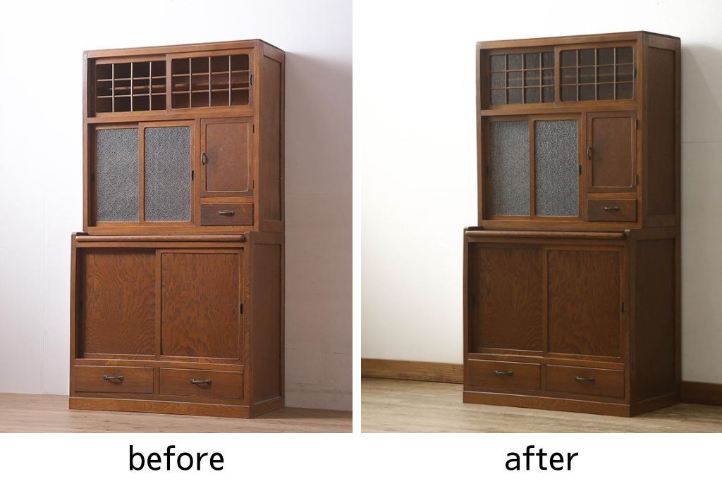 食器棚をリペア&カスタム!上段引き戸にゆらゆらガラスをはめこみ、下段引き戸内部に棚板を1枚製作。修繕箇所は本体と馴染ませ、現状のお品物に合わせて1トーン程落ち着いた色に着色。(収納棚、キャビネット)