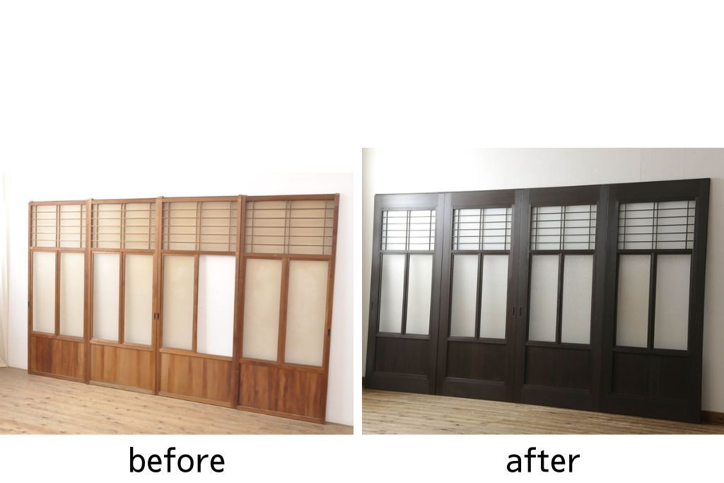 ガラス戸4枚をリペア&カスタム!高さと幅をリサイズし、ダークブラウン色に着色。(引き戸、建具)