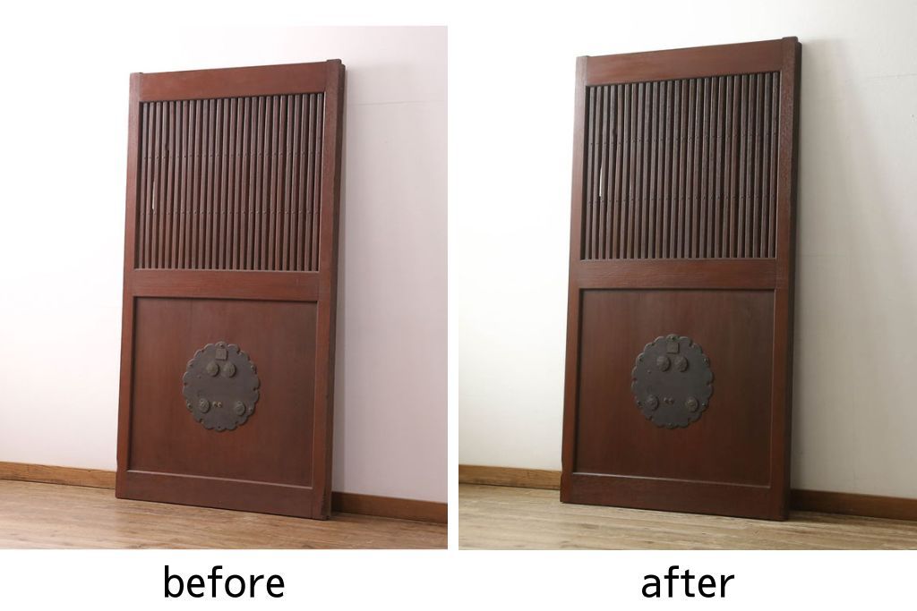 蔵戸をリペア&カスタム!格子裏面にガラスを組み入れ、表面は漆塗りを活かし、裏面は表面と近しい雰囲気になるよう着色。(玄関戸、玄関ドア、引き戸)