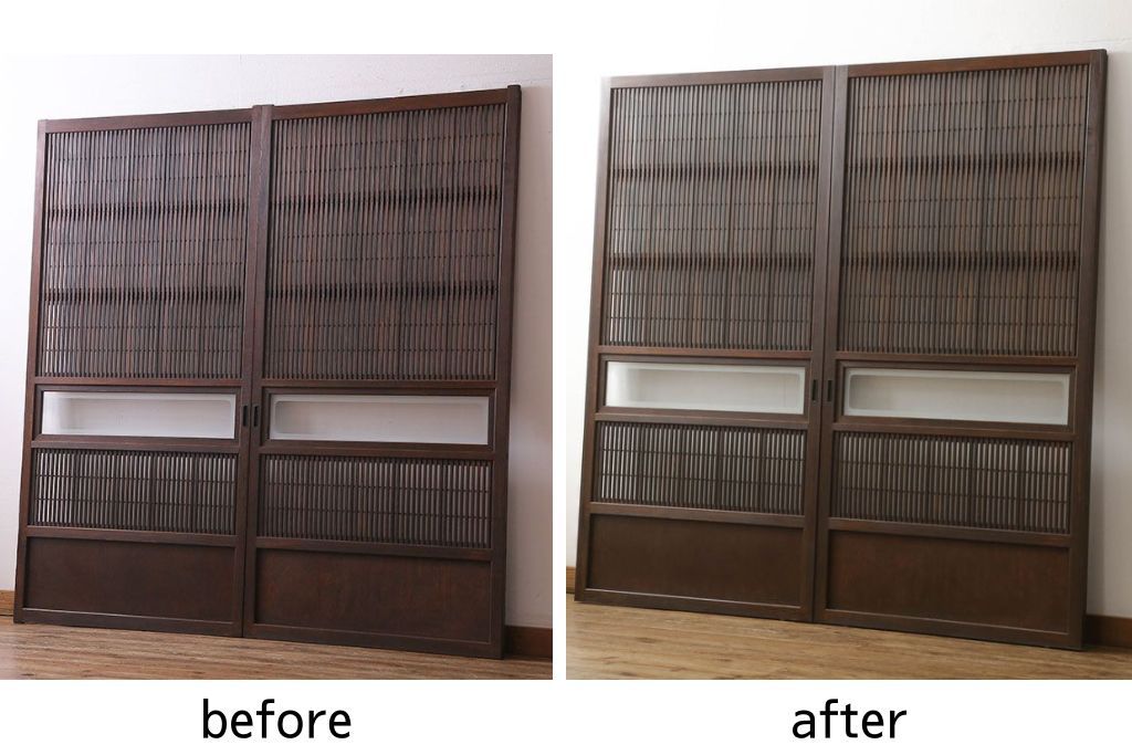 格子ガラス戸2枚をリペア&カスタム!高さと幅をリサイズし、V字戸車を取り付け、付け足した部材や、カットした面は本体の色味に合わせて着色。(引き戸、ガラス帯戸)