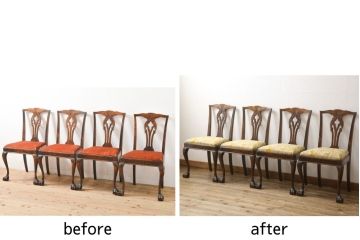 ダイニングチェア4脚をリペア&カスタム!座面生地をご希望の生地に張替え。本体は現状の色味を活かして仕上げ、修繕箇所は本体と馴染むように。(椅子、イス)
