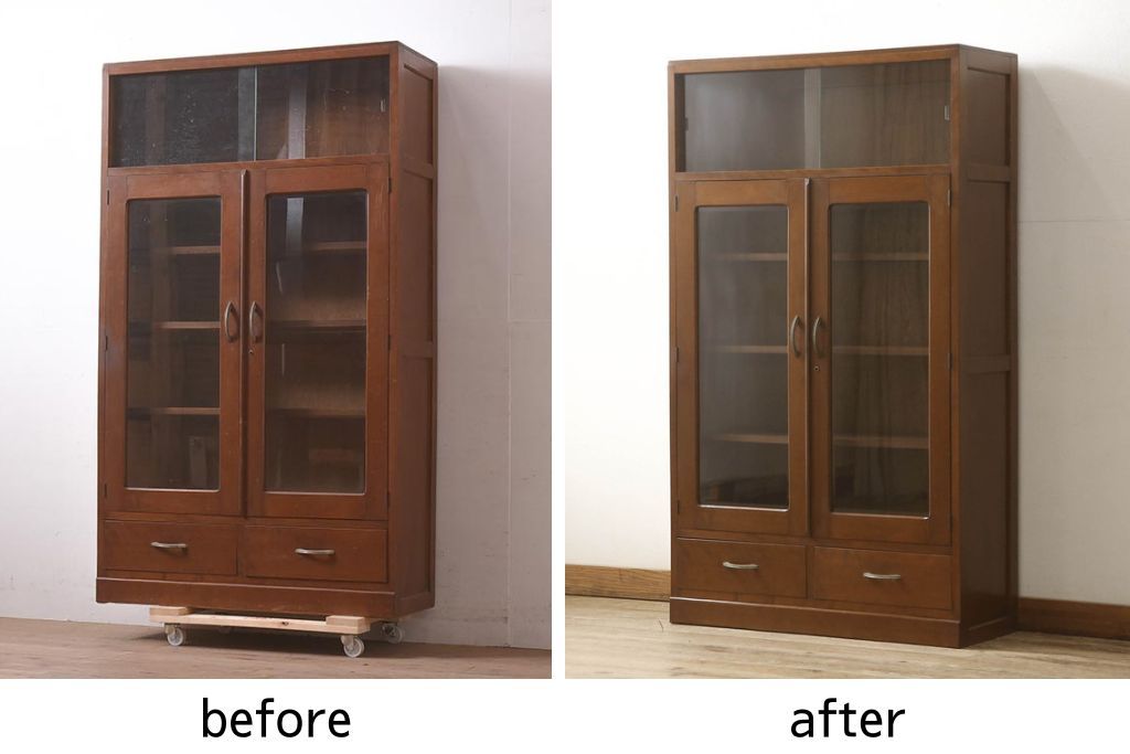 ブックケースの見た目を変えずに綺麗にリペア!現状のお品物に合わせて1トーン程落ち着いた色に着色。(本箱)