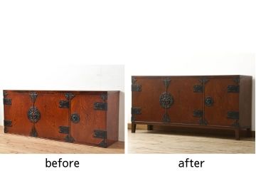 箪笥サイドボードをリペア&カスタム!木製の脚を取り付け、現状の品物に合わせて1トーン程落ち着いた色に着色。(ローボード、収納棚、着物箪笥、テレビ台)