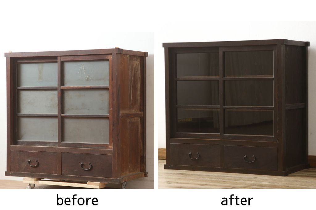 重ね戸棚の下段をリペア&カスタム!天板裏補強をし、棚板を1枚追加製作。 既存のガラスをクリアガラスに取り替え。現状のお品物に合わせて1トーン程落ち着いた色に着色。(収納棚、キャビネット)