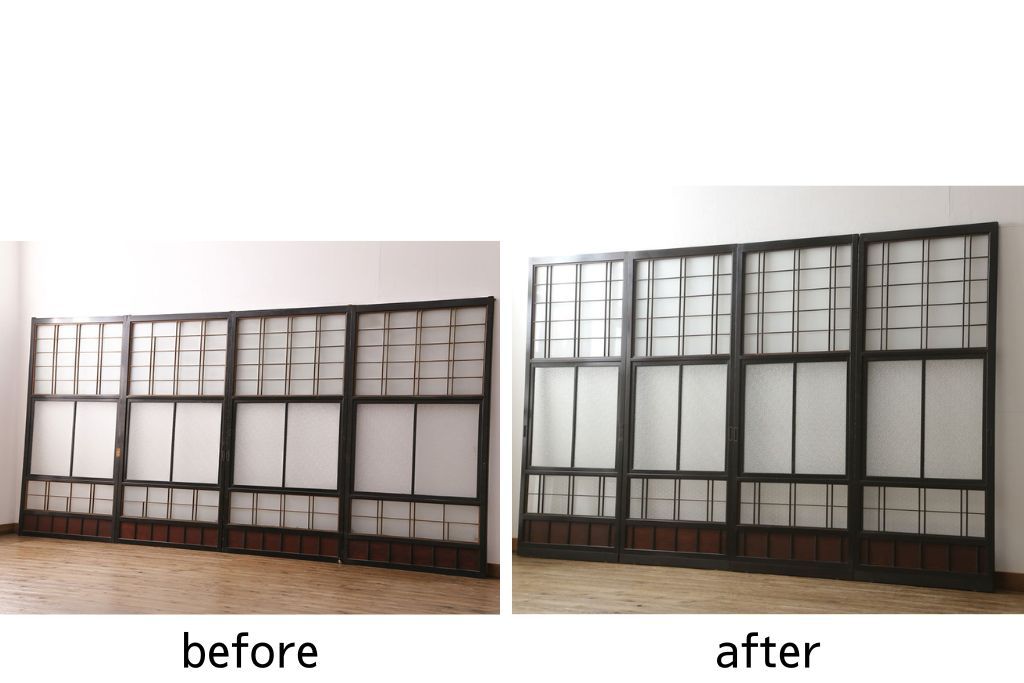ガラス戸4枚をリペア&カスタム!高さと幅をリサイズし、下部は当社オリジナルの麻の葉模様ガラスに交換。本体は現状の色味を活かして仕上げ、修繕箇所を本体と馴染むように。(引き戸、建具)