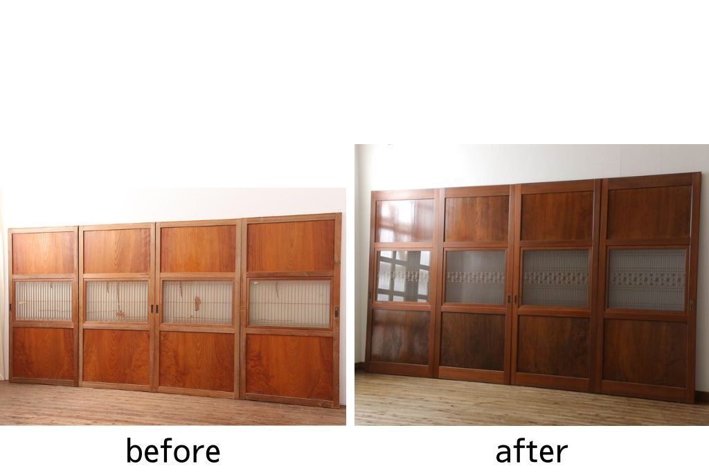 組子帯戸4枚をリペア&カスタム!高さと幅をリサイズし、レーザー加工による組子デザインの枠を製作。表はクリアガラス、裏はすりガラスに交換。色味は当店商品を参考に着色。(引き戸、帯戸)