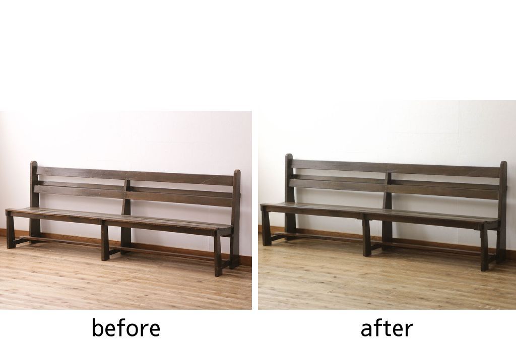 チャーチベンチをリペア&カスタム!脚の四隅にL字型の金具を取り付け強度の補強。現状の品物に合わせて1トーン程落ち着いた色に着色。(木製ベンチ、長椅子、ベンチ)