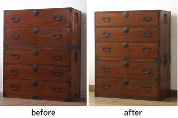 重ね箪笥の見た目を変えずに綺麗にリペア!本体は色味のムラがなくなるように現状の色味をベースにワントーンほど濃い色味で仕上げ。(和箪笥、衣装箪笥)