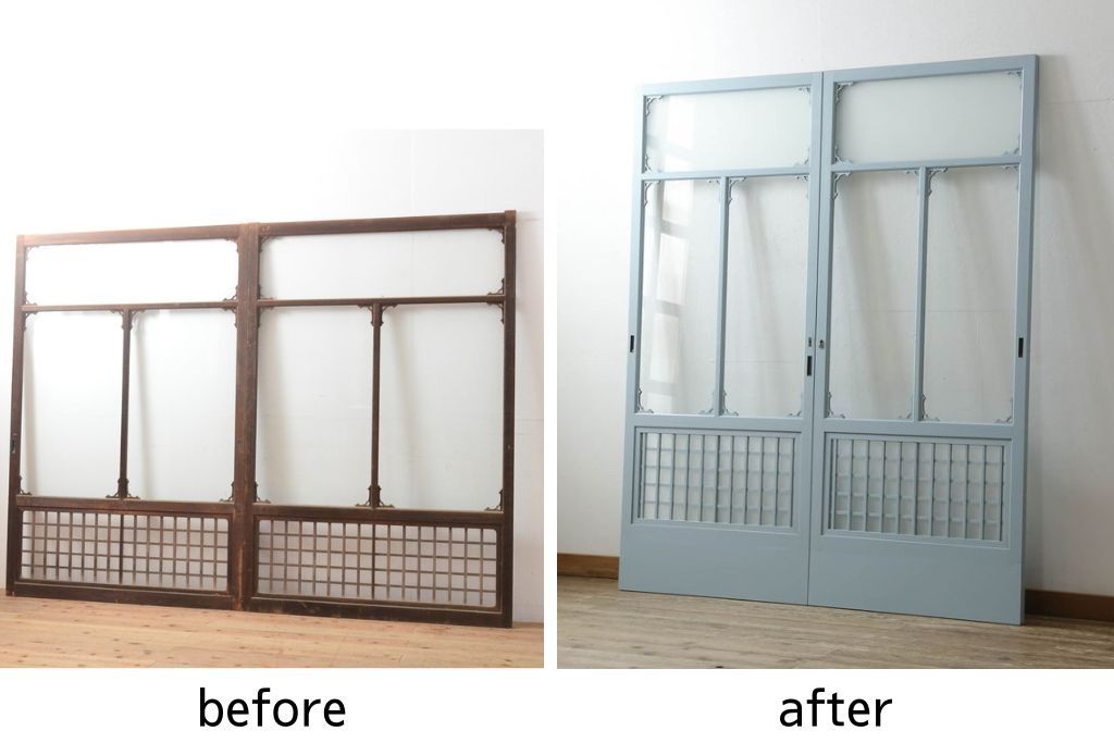 ガラス窓2枚をリペア&カスタム!高さと幅をリサイズし、2か所に引手を追加。上下の部分にスリガラス、中央部分をクリアガラスに交換。色味は当店商品を参考にくすんだ水色に着色。(引き戸、ガラス戸、建具)