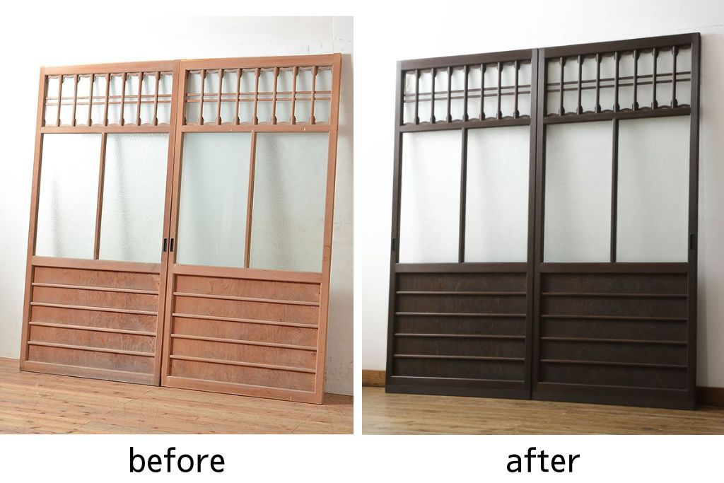 ガラス戸2枚をリペア&カスタム!高さと幅をリサイズし、調整式の平型の戸車を取り付け。色味は当店商品を参考に着色。(引き戸、建具)