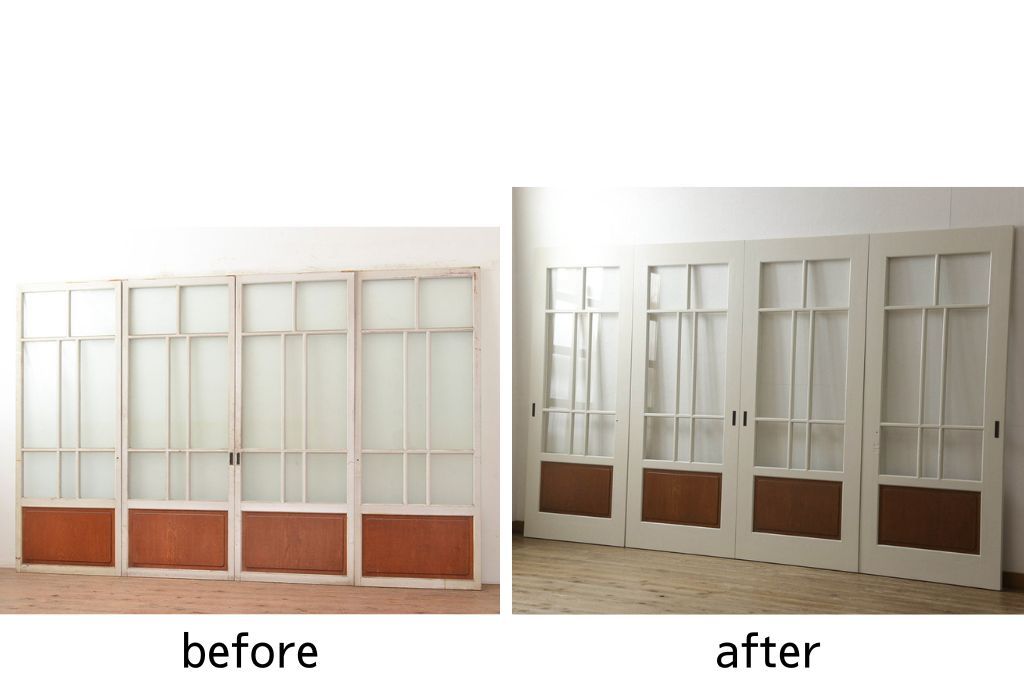 ガラス戸4枚をリペア&カスタム!高さと幅をリサイズし、引手や戸車を取り付け。全てのガラスをクリアガラスに交換。色味は当店商品を参考にアンティークホワイトにペイント。(引き戸、建具)