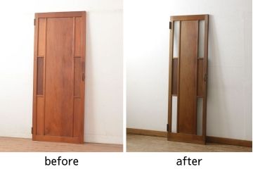 木製扉をリペア&カスタム!高さと幅をリサイズし、指定箇所に新品のモールガラスを入れる加工。本体は現状の色味を活かし、修繕箇所は本体と馴染むように仕上げ。(ドア、建具)