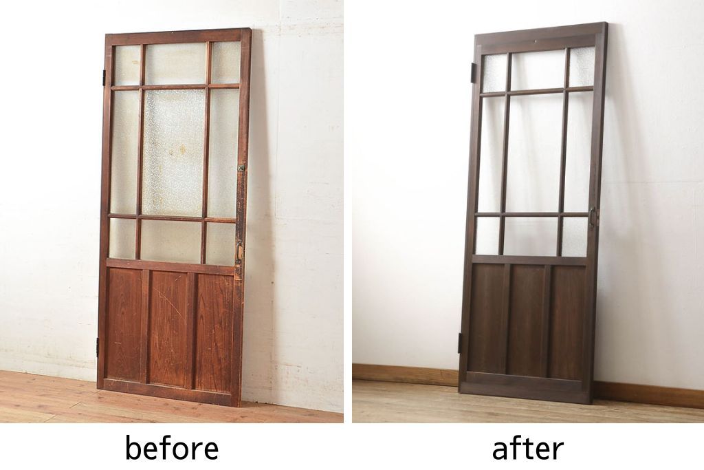 ガラス扉をリペア&カスタム!高さと幅をリサイズし、取っ手位置を調整。金具を取り付け、ガラスの一部をクリアガラスに交換。色味は当店商品を参考に着色。(ドア、建具)