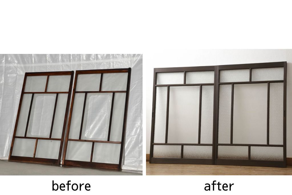 ガラス戸2枚をリペア&カスタム!高さと幅をリサイズし、ガラスはモールガラスとダイヤガラスに交換。色味は当店商品を参考に濃い色に着色。(窓、引き戸)