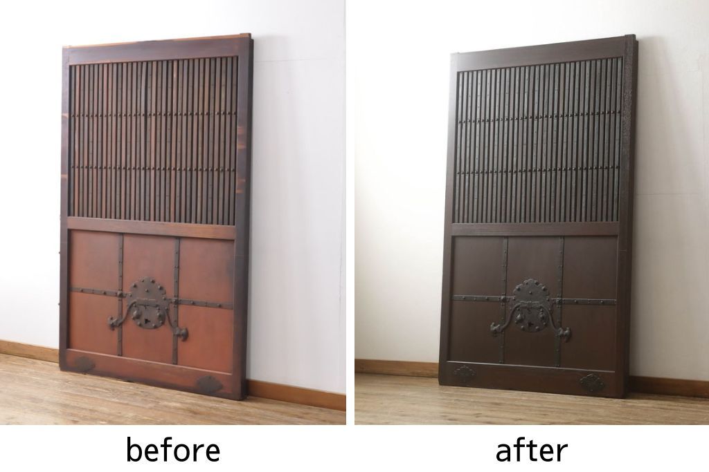 富山格子蔵戸をリペア&カスタム!格子裏にガラス入れ、金具を黒染めし、側面の金具は取り外し。本体は外部用塗装で既存の色に合わせ着色。(格子戸、引き戸、玄関戸)