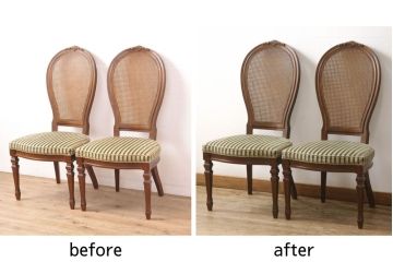 ダイニングチェアの見た目を変えずに綺麗にリペア!現状の色味をベースに、補色や傷消しをして仕上げ。(椅子)