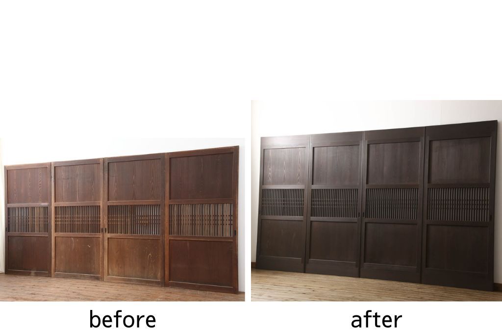 格子帯戸4枚をリペア&カスタム!高さと幅をリサイズし、既存のガラスをすりガラスに交換。本体は現状をベースにして1トーン程落ち着いた色味に着色。(板戸、建具、引き戸)