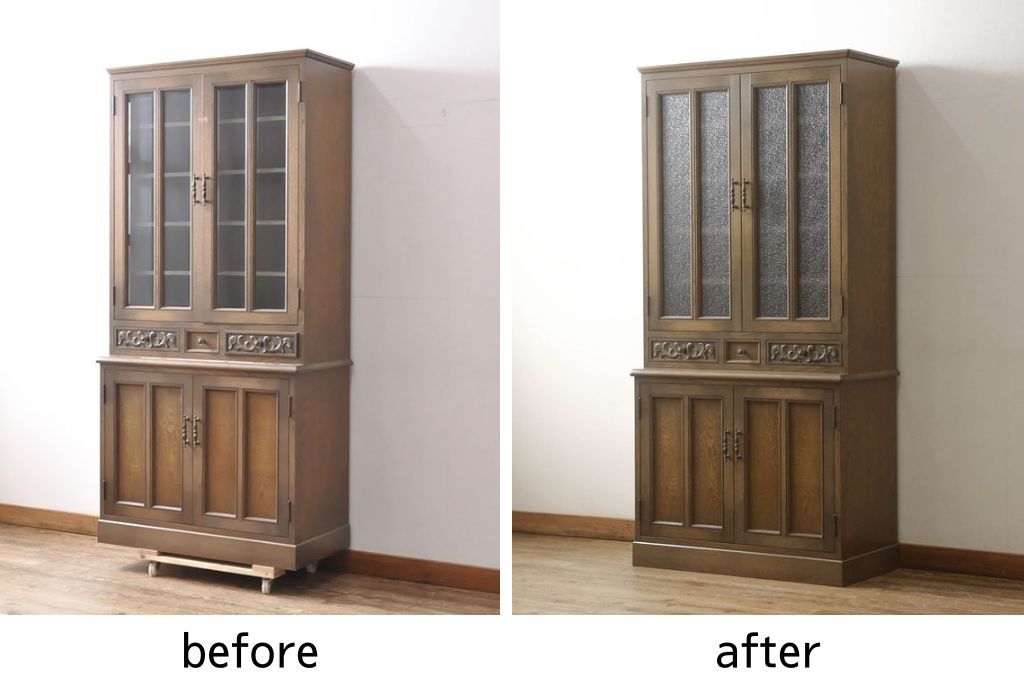食器棚をリペア&カスタム!既存のガラスをすべてダイヤガラスに交換。本体は現状をベースにして1トーン程落ち着いた色味に着色。(キャビネット、収納棚、戸棚、ヴィンテージ)