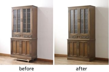 食器棚をリペア&カスタム!既存のガラスをすべてダイヤガラスに交換。本体は現状をベースにして1トーン程落ち着いた色味に着色。(キャビネット、収納棚、戸棚、ヴィンテージ)
