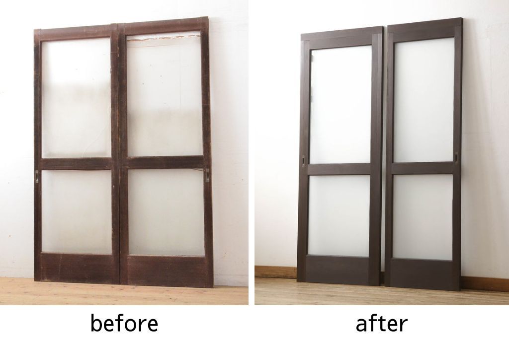 ガラス戸2枚をリペア&カスタム!高さと幅をリサイズし、引手の取り付け位置を調整。吊り戸仕様へ加工し、ガラスは新しくすりガラスに交換。色味は当店商品を参考に着色。(引き戸、建具)