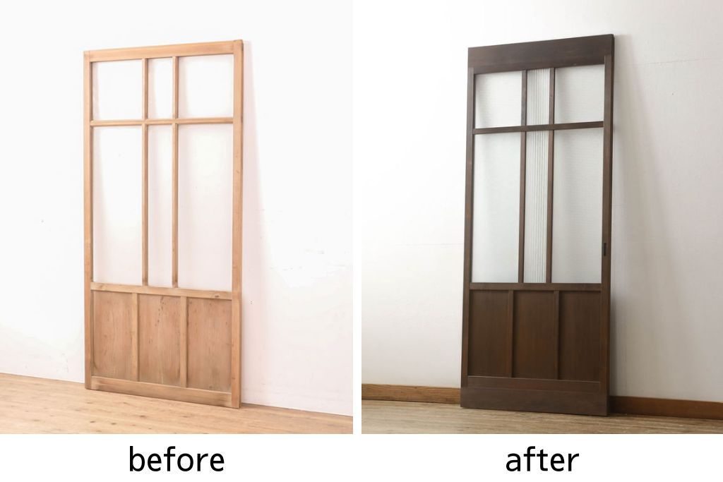 ガラス戸1枚をリペア&カスタム!高さをリサイズし、引手を取り付け。色味は当店の商品を参考に着色。(引き戸、建具)