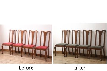 チェア4脚をリペア&カスタム!ご希望の生地で座面を張替え。修繕箇所などを本体の色味に合わせて着色し、全体的にワックス仕上げ。(ダイニングチェア、椅子)