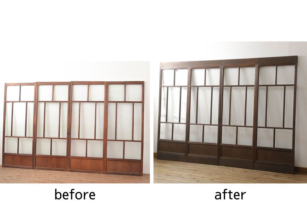 ガラス戸4枚をリペア&カスタム!高さをリサイズし、全てのガラスを新品のクリアガラスに交換。色味は当店商品を参考に着色。(引き戸、建具)