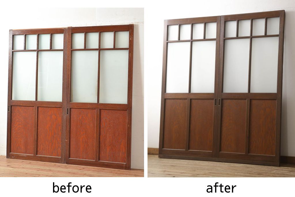 ガラス戸2枚をリペア&カスタム!高さと幅をリサイズし、引手を引き違いでの使用に適した位置に移動。ガラスは新しく交換し、V字戸車取付け。修繕箇所・新材使用箇所は本体になじませ、現状のお品物に合わせて1トーン程落ち着いた色に着色。(引き戸、建具)