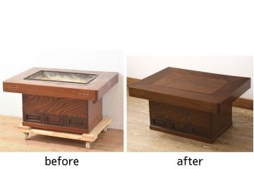 関西火鉢をリペア&カスタム!蓋は開口部に合わせ木目の近い栗材で新規製作。蓋の色味は本体に合わせ、本体は現状をベースに着色。(囲炉裏、長火鉢、座卓、ローテーブル)