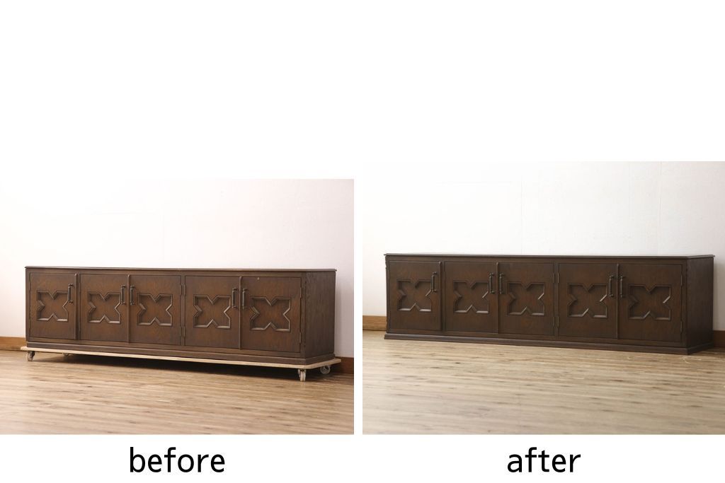 ローボードの見た目を変えずに綺麗にリペア!修繕箇所は本体と馴染ませ、木部は現状をベースにして1トーン程落ち着いた色味に着色。(テレビ台、テレビボード、収納棚、吊り戸棚、ヴィンテージ)