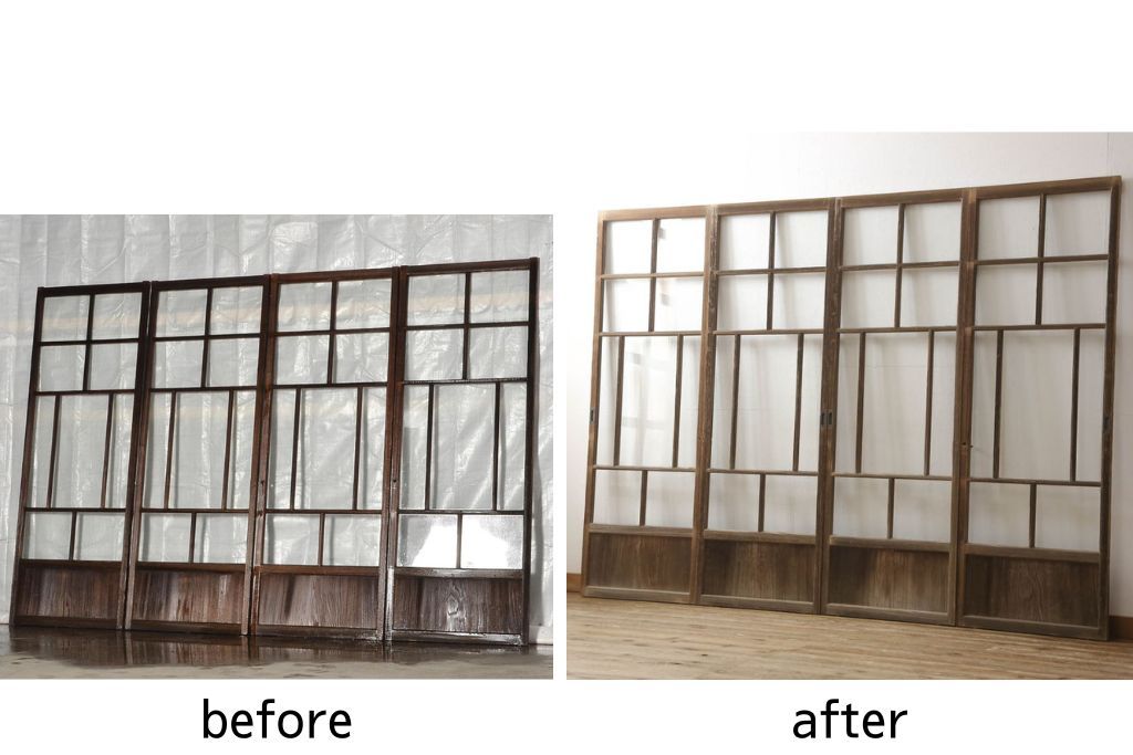 木製ガラス戸4枚をリペア&カスタム!高さと幅をリサイズし、戸車・引手は新しいものを取り付け。ねじ込み錠を調節・移設し、元の穴は新材を用いた埋木にて処置。(引き戸、建具)