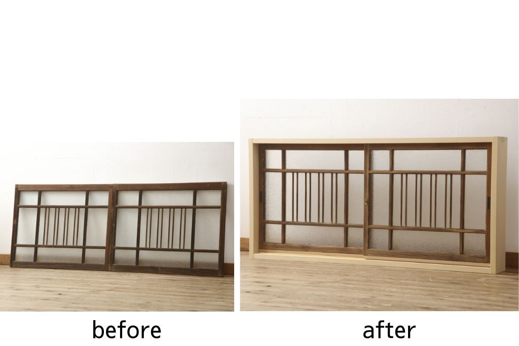 ガラス窓をリペア&カスタム!お客様のご希望に合わせてリサイズ。戸枠を新規製作。着色はせず、手触りが良くなる程度のバフ掛けをして仕上げ。(ガラス戸、引き戸、建具)