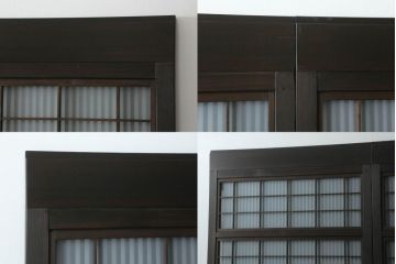 格子戸3枚をリペア&カスタム!高さと幅をリサイズし、ウォーターガラスに交換。引手金具、戸車を取り付け、現状の色味を活かした着色仕上げ。合わせて戸枠も製作。(ガラス帯戸、引き戸、建具)