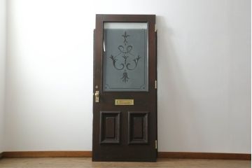 ペイントドアをリペア&カスタム!設置場所に合わせて仕様を変更し、戸枠を新たに製作。表面は茶色・裏面は白でペイント仕上げ。エッチングガラス、彫刻ガラス、切子ガラス、英国、玄関ドア、玄関扉、建具)