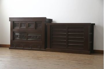 水屋箪笥をリペア&カスタム!下段に棚板を製作し追加。網部分をクリアガラスに変更。1トーン落ち着いた色味に着色仕上げ。(キャビネット、食器棚、収納棚、戸棚)