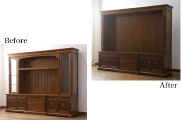 ドレクセルヘリテイジの大型キャビネットをリペア&カスタム!テレビを設置できるよう上段の棚を取り除き、装飾を移設。引き出しはフラップダウン式に加工。(テレビ台、AVボード、収納棚、戸棚)