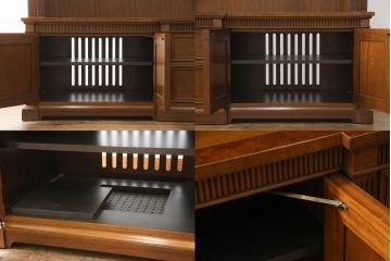 ドレクセルヘリテイジの大型キャビネットをリペア&カスタム!テレビを設置できるよう上段の棚を取り除き、装飾を移設。引き出しはフラップダウン式に加工。(テレビ台、AVボード、収納棚、戸棚)