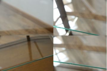 L字ガラスケースをリペア&カスタム!高品質リペアを施し、下部は物を収納できるようオープン仕様に。1トーン落ち着いた色味に着色仕上げ。(Rガラス、ショーケース、店舗什器、陳列棚、曲げガラス)