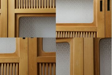 裏障子付き格子戸4枚をリペア&カスタム!高さと幅をリサイズし、V字戸車を取り付け。障子を張り替え、中央部分のガラスを変わり花菱ガラスに交換し、色味は本体に合わせて着色。(建具、引き戸、ガラス帯戸、障子戸)