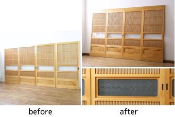 裏障子付き格子戸4枚をリペア&カスタム!高さと幅をリサイズし、V字戸車を取り付け。障子を張り替え、中央部分のガラスを変わり花菱ガラスに交換し、色味は本体に合わせて着色。(建具、引き戸、ガラス帯戸、障子戸)