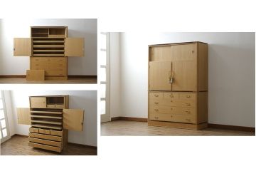 総桐箪笥の見た目を変えずに綺麗にリペア!すべての金具を取り外し、本体の表面についている砥の粉を落として洗い出し作業。引き出しや扉等の可動部の調整をし、蜜蝋ワックスにて仕上げ。(桐たんす、着物箪笥、引き出し、衣装箪笥、チェスト)