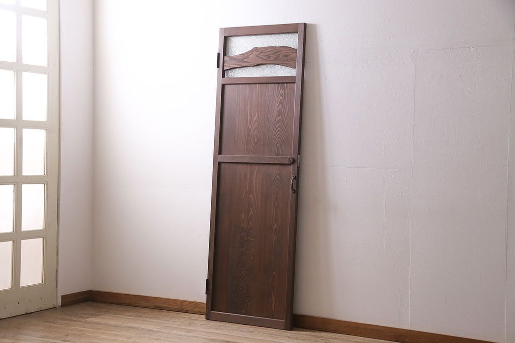 トイレ扉を新規製作!当店商品を参考にデザイン。ダイヤガラスを組み入れ。表示錠、鍵、蝶番、戸車を取り付け。(木製扉、建具)