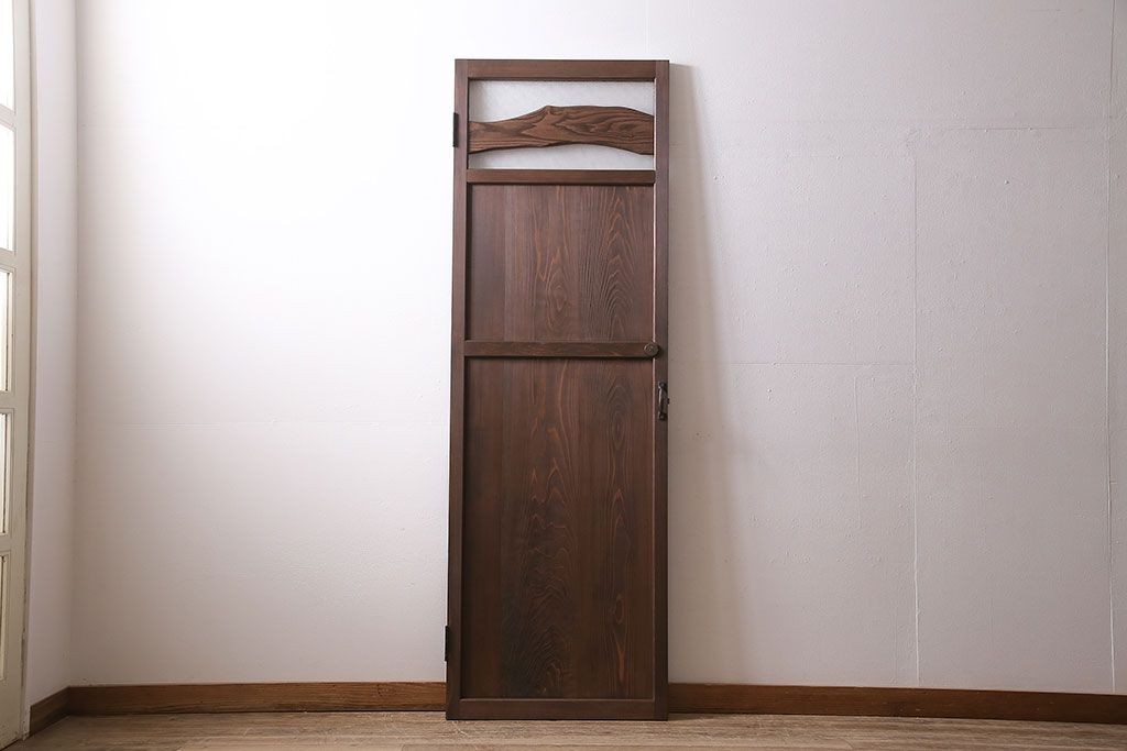 トイレ扉を新規製作!当店商品を参考にデザイン。ダイヤガラスを組み入れ。表示錠、鍵、蝶番、戸車を取り付け。(木製扉、建具)