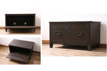 フラップダウン扉のテレビ台を新規製作!アンティーク箪笥の金具を取り付け。天板のエッジ加工。背面穴開け加工。お手持ちの家具に近しい色味で着色し仕上げ。(ローボード、テレビボード、収納棚)